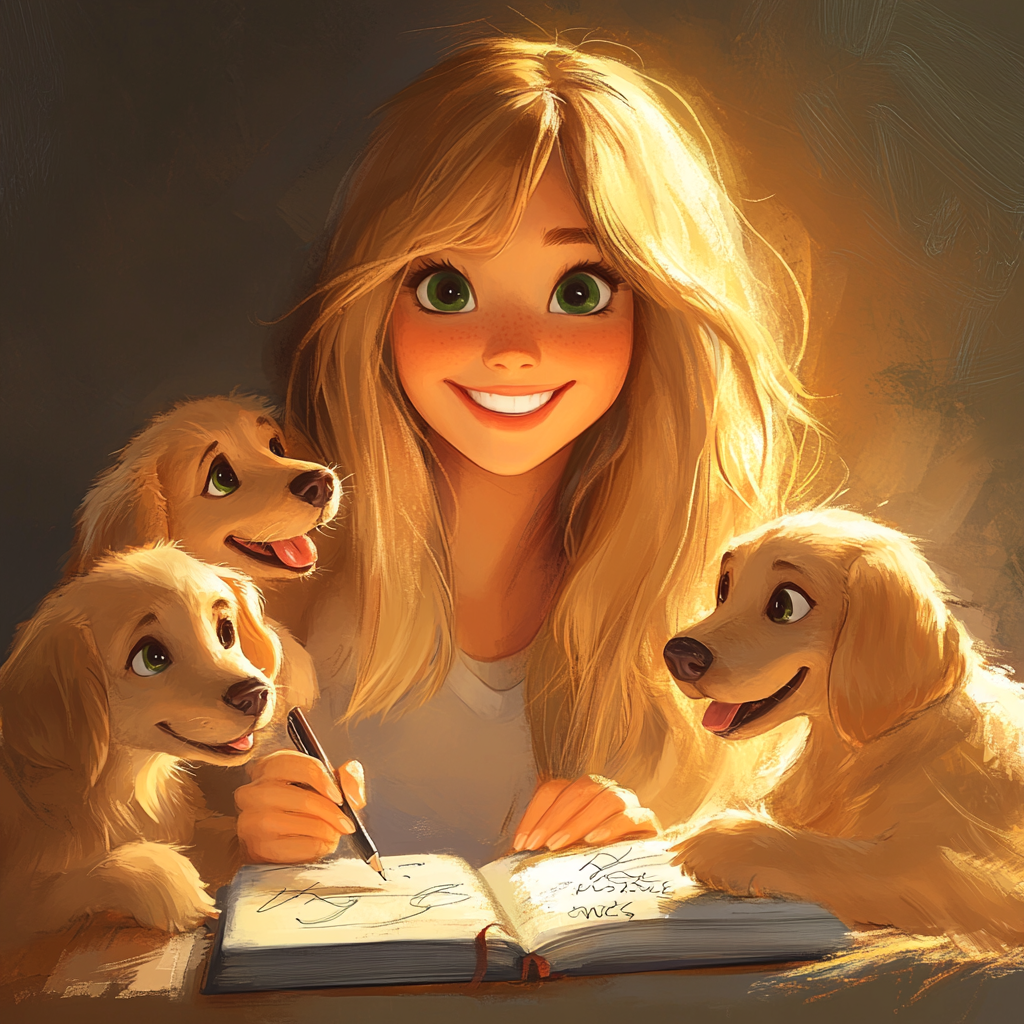 Happy blonde woman writing with puppies