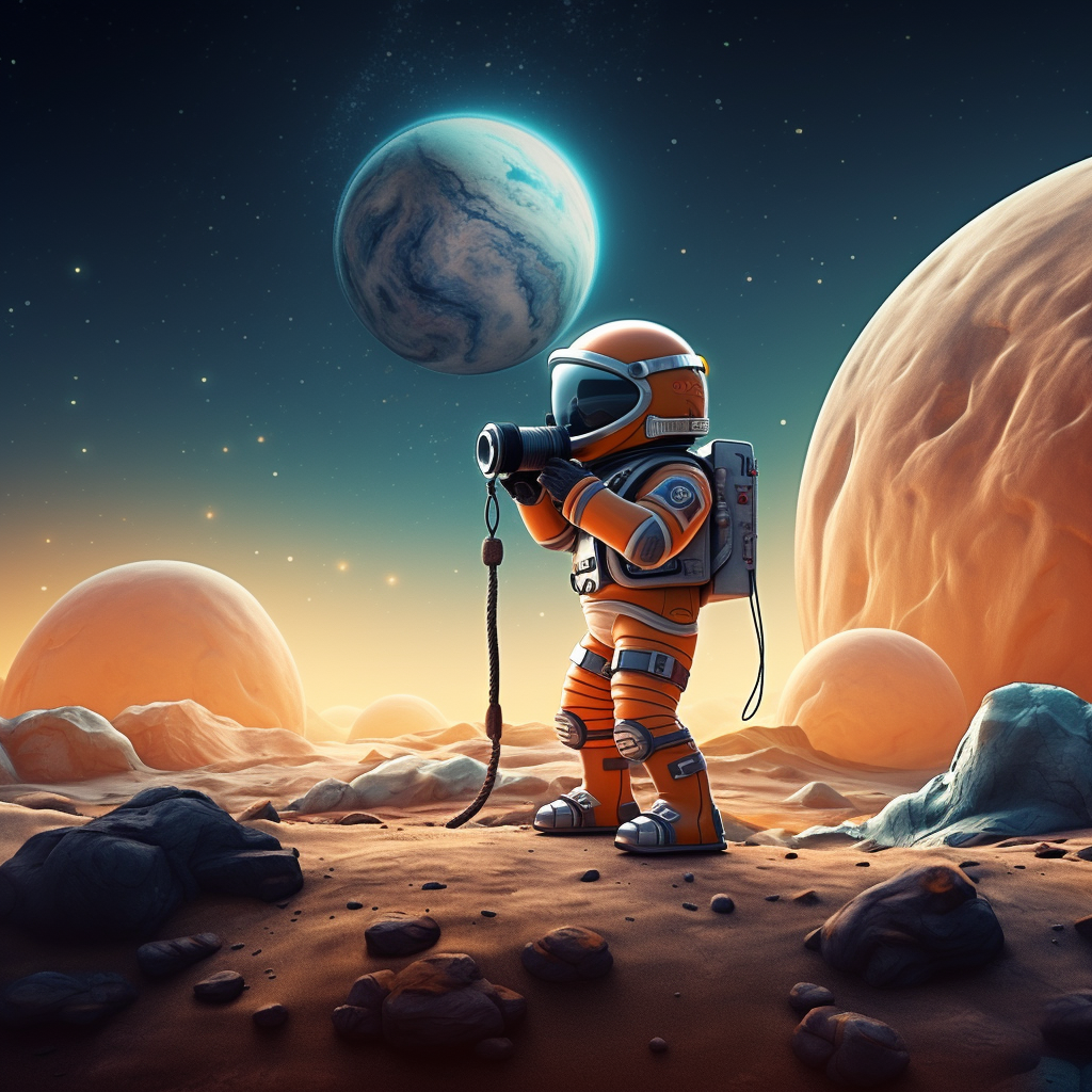 Cartoon astronaut photographer on alien planet