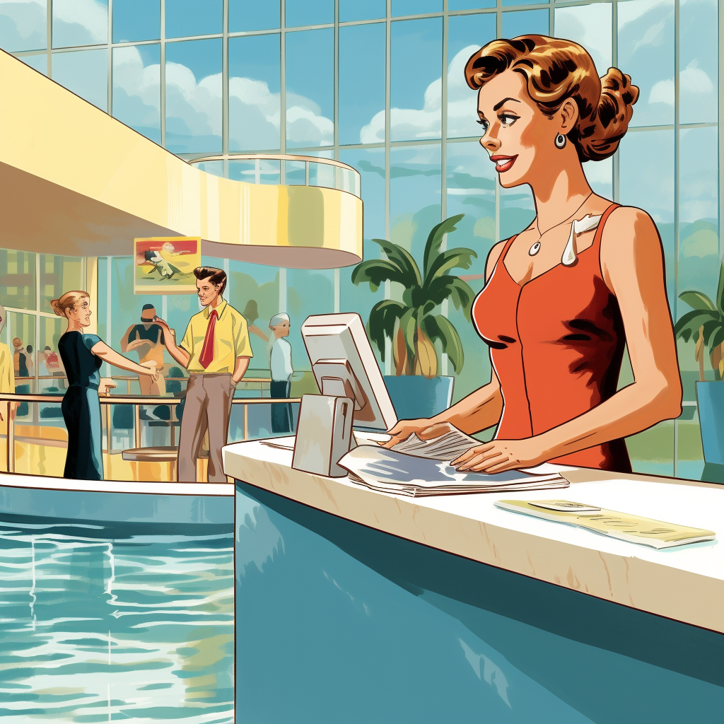 Cartoon athletic lady at swim center front desk