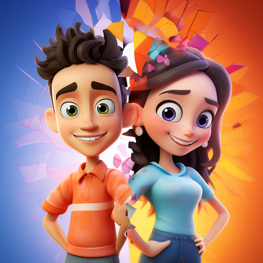 Split Cartoon Avatar Couple with Unique Personalities