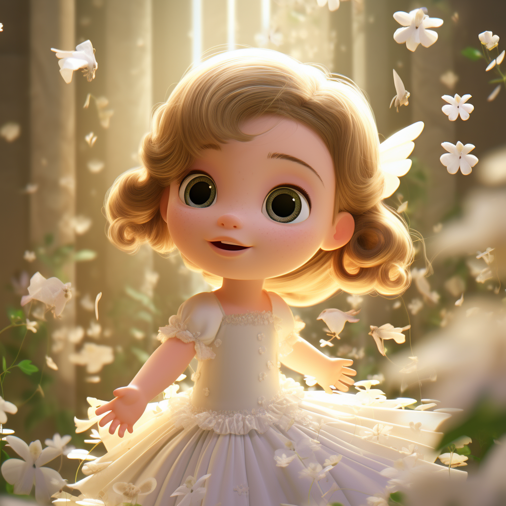 Cartoon baby girl in white dress surrounded by flowers