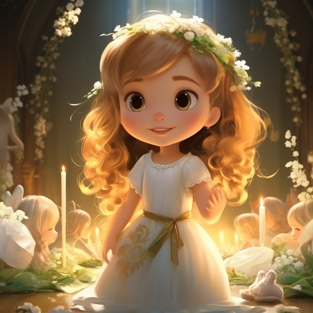 Cartoon baby girl in white dress with flowers