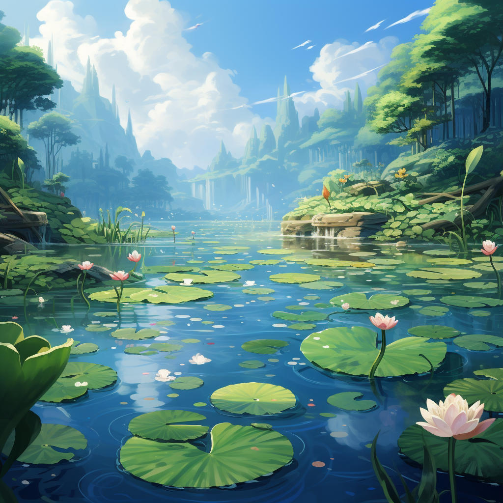 Cartoon backgrounds with pond and lotus leaf kingdom