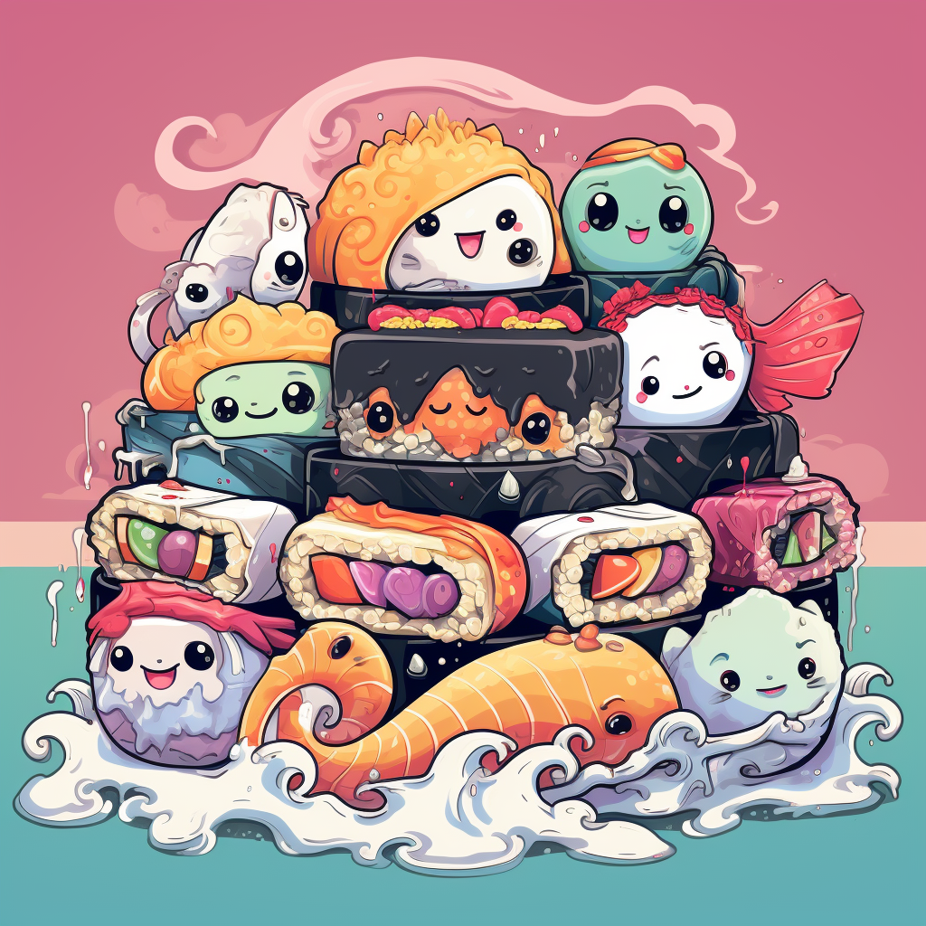 Colorful cartoon bad omens with sushi