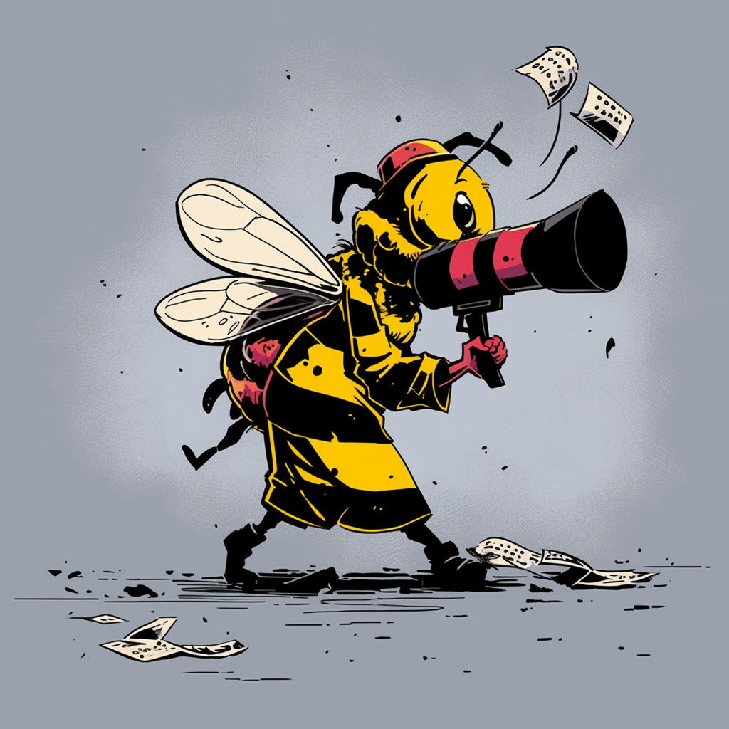 Cartoon bee reporting news in Mr Brainwash style