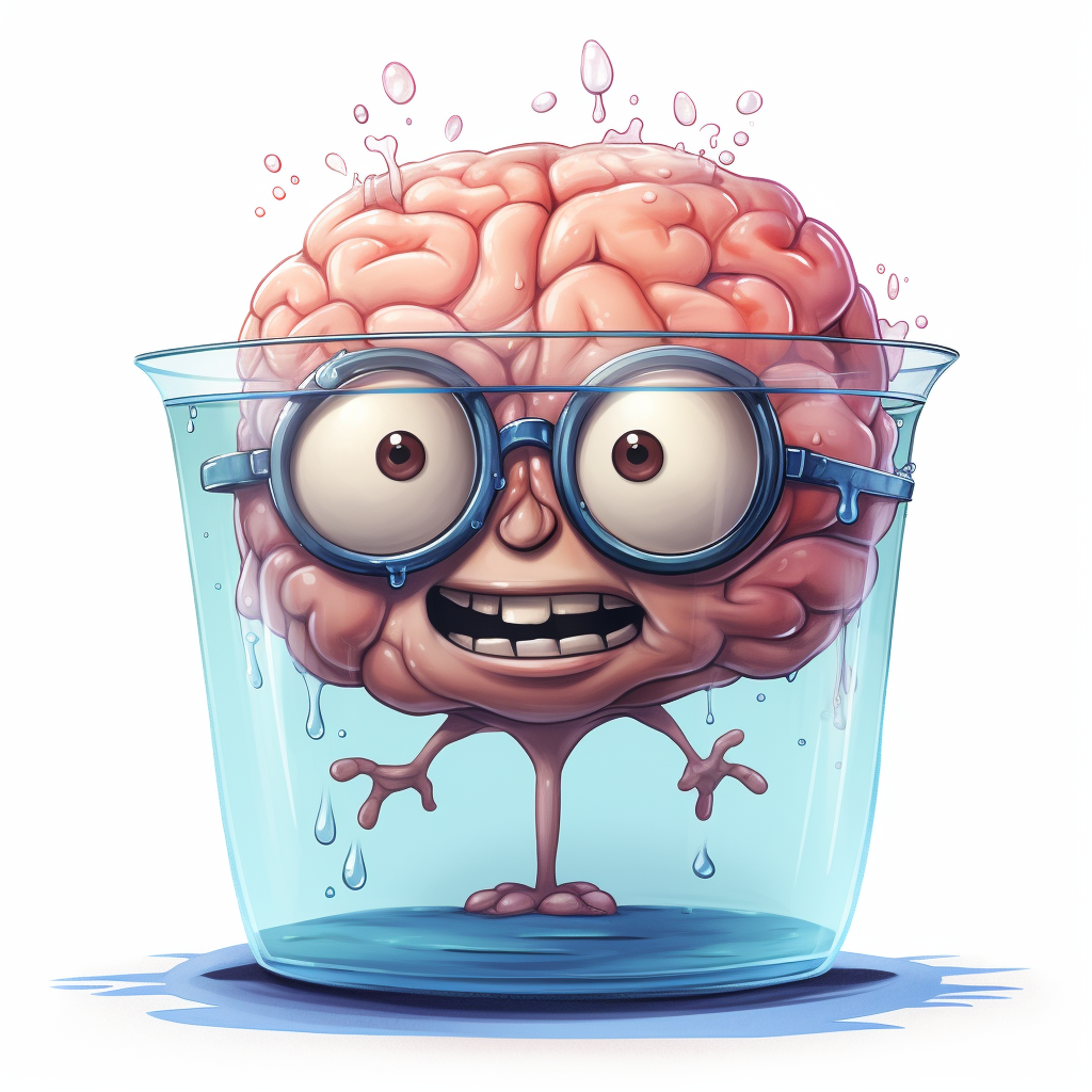 Cartoon brain in vat wearing glasses