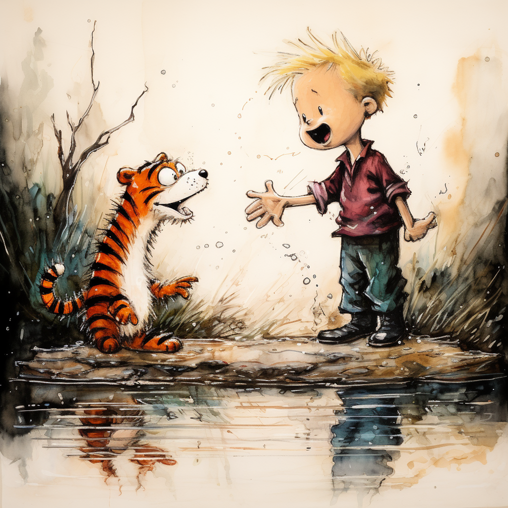 Calvin and Hobbes arguing cartoon