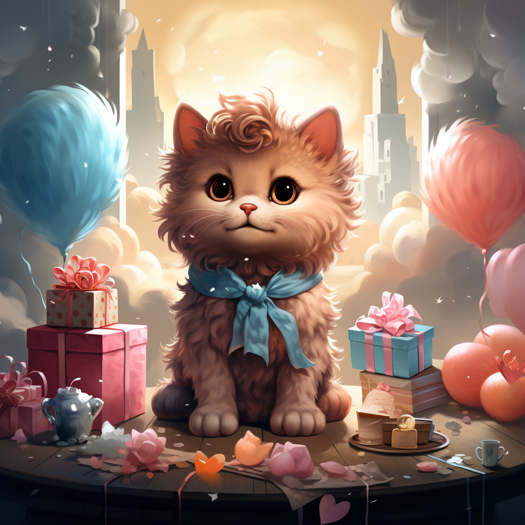 Illustrated cartoon cat dreaming of birthday