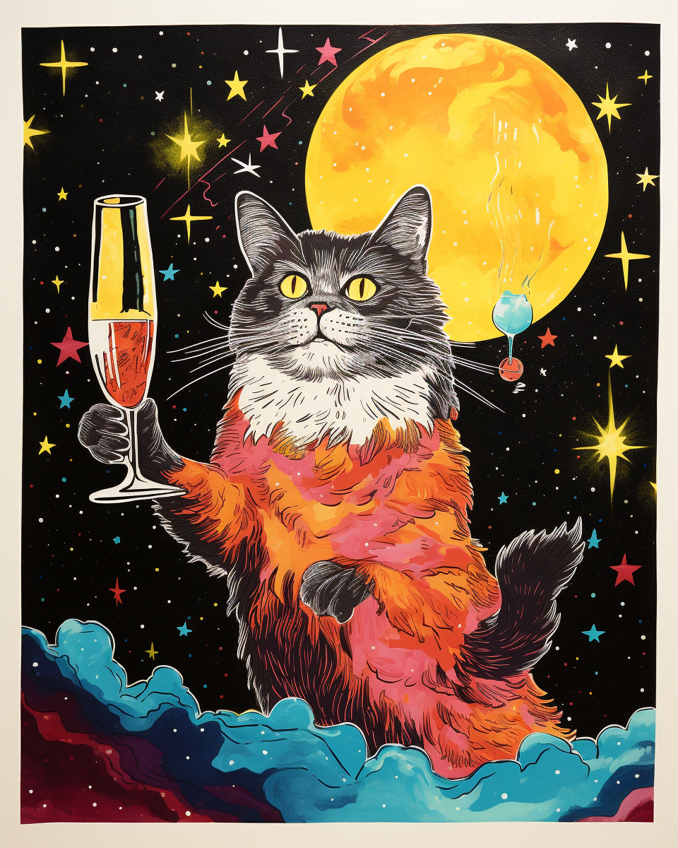 Cartoon cat with wine on disintegrating platform under stars