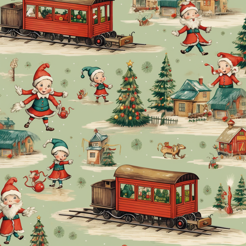 Joyful Christmas Elves with Toy Train