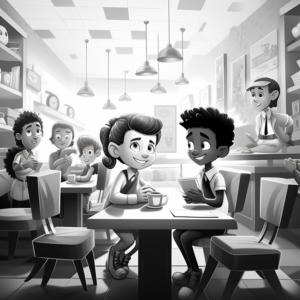 Simple black and white coffee shop cartoon