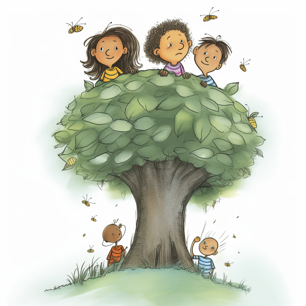 Children captivated by tree-top bee hive
