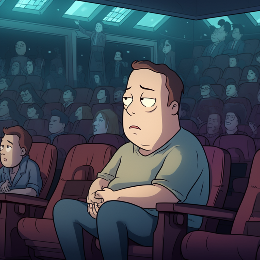 Cartoon Elon Musk at Dark Movie Theatre