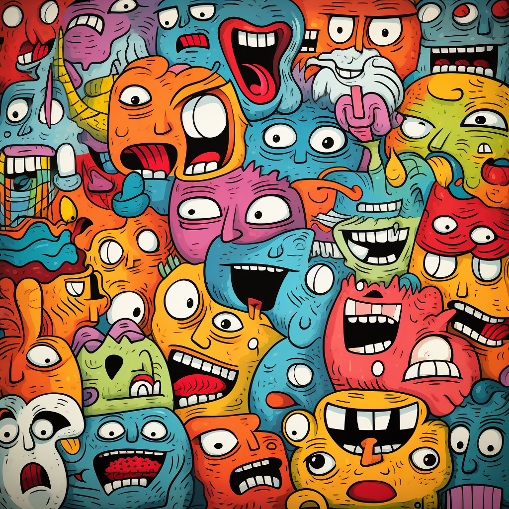 Colorful cartoon faces in doodle style