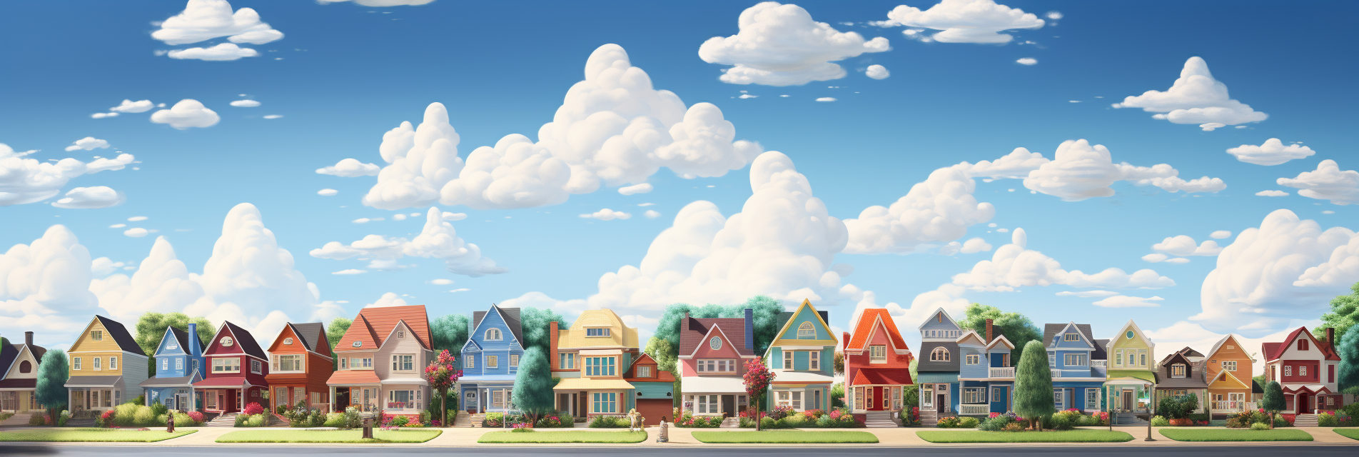 Happy homeowners in a cartoon Florida neighborhood