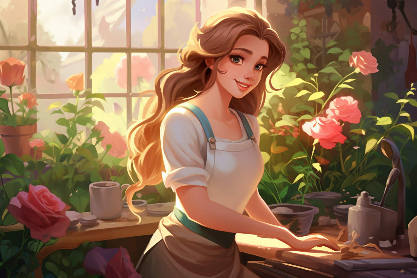 Young woman gardening in a cartoon garden