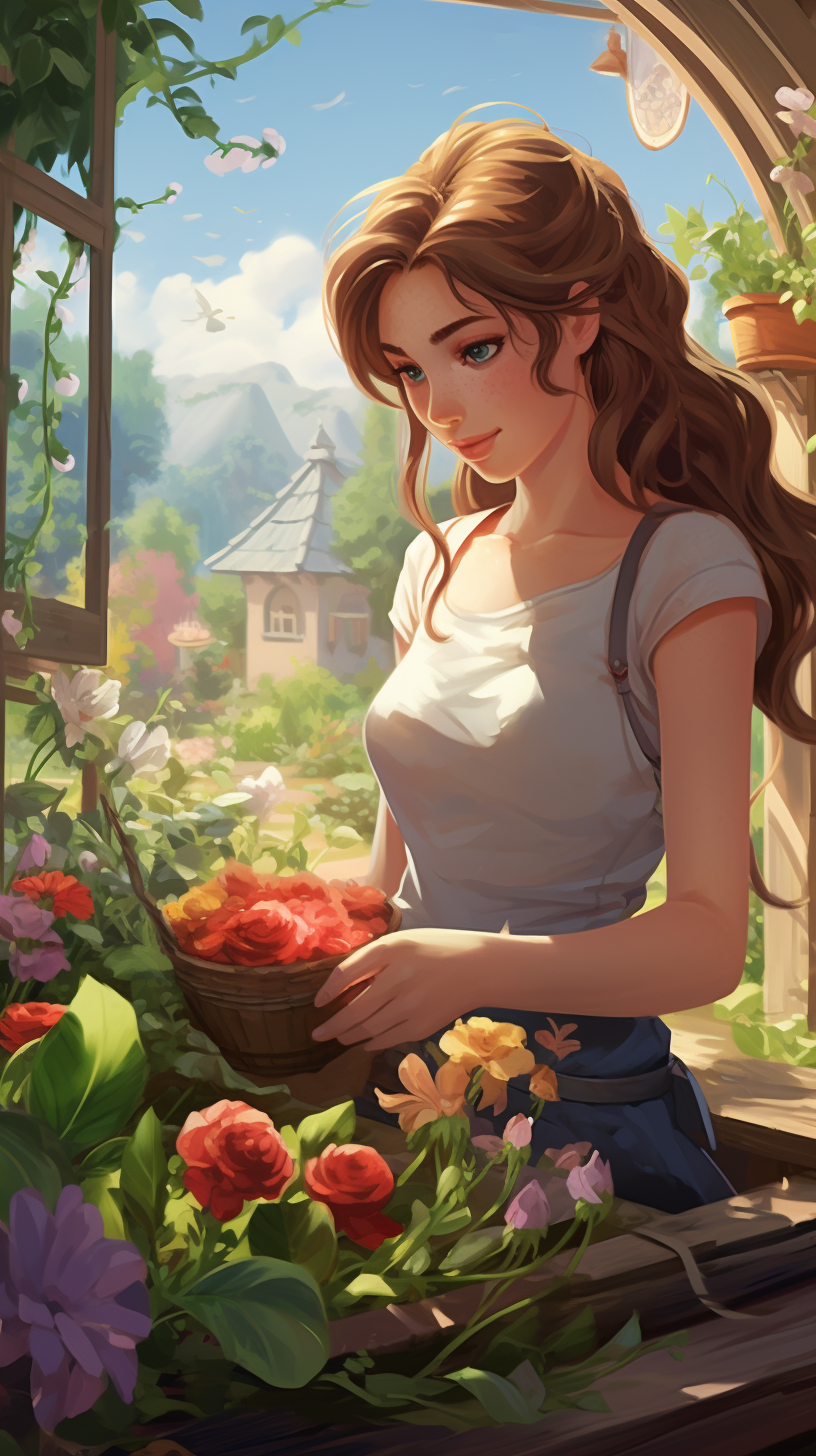 18-year-old woman gardening in a cartoon-style garden