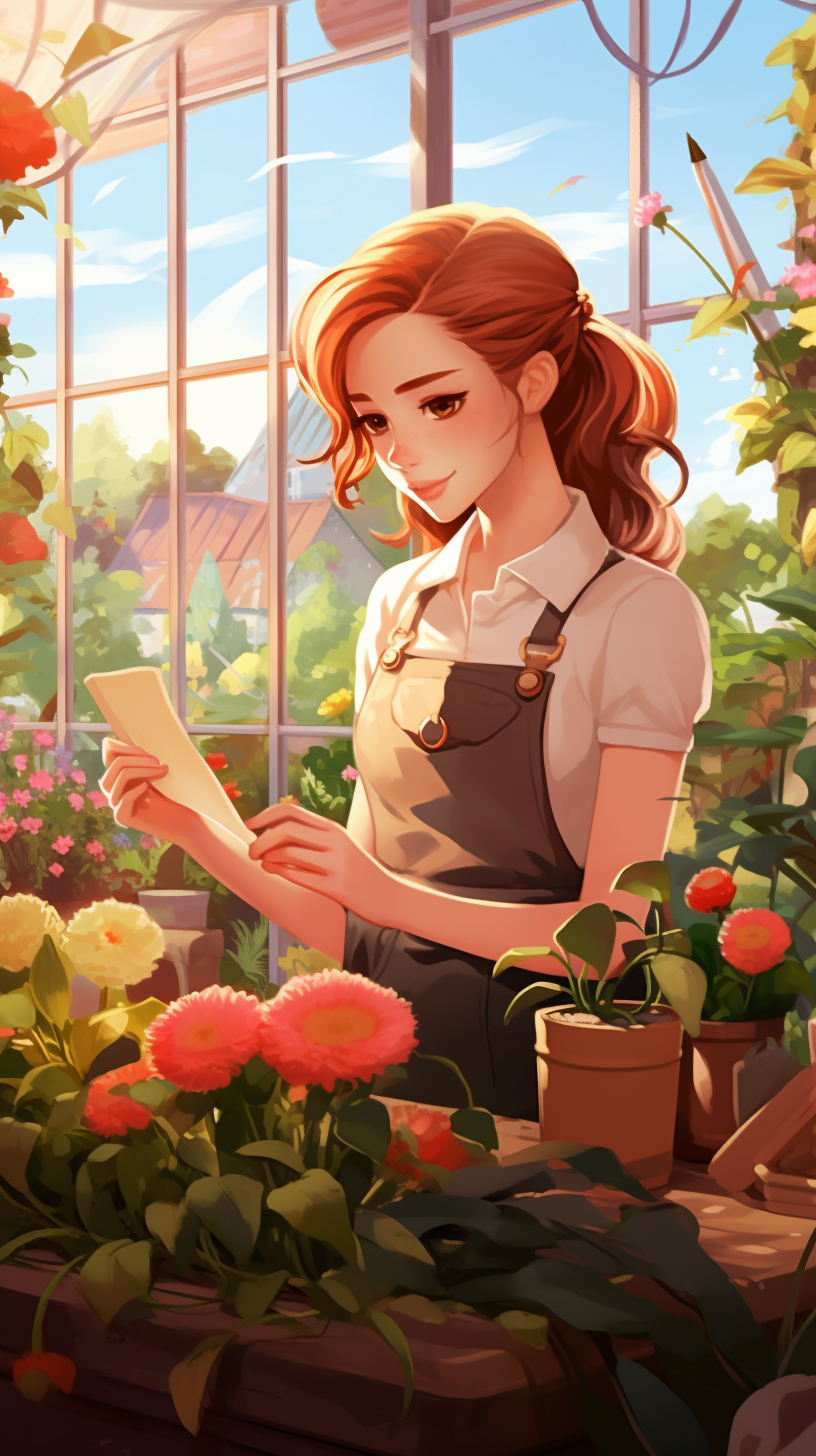 Young woman gardening in a cartoon style