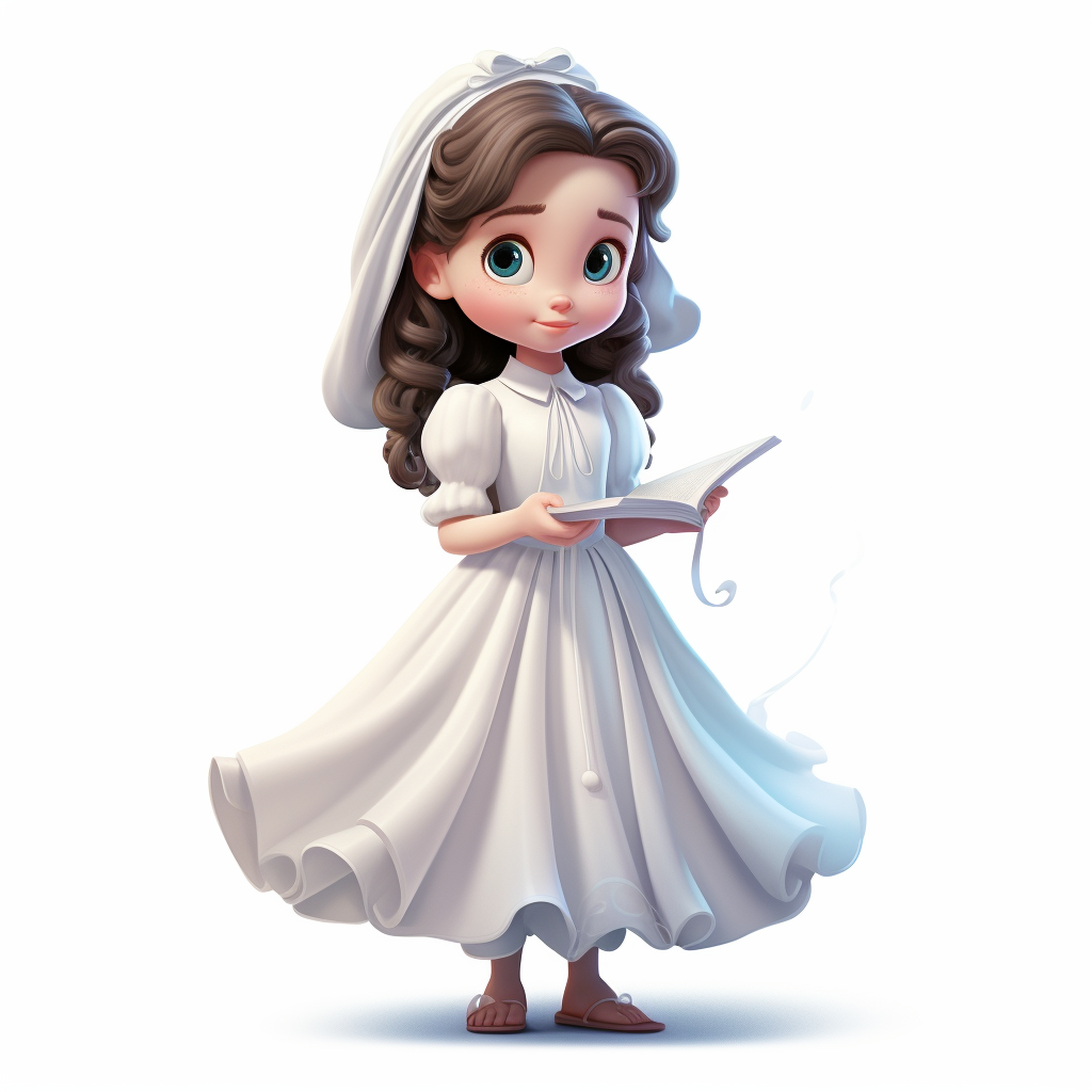 Pixar concept art of a cute girl dressed for a baptism