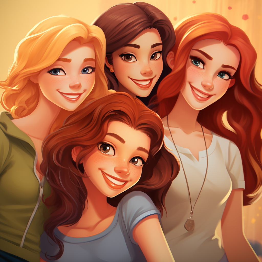 Group of cartoon girls having fun