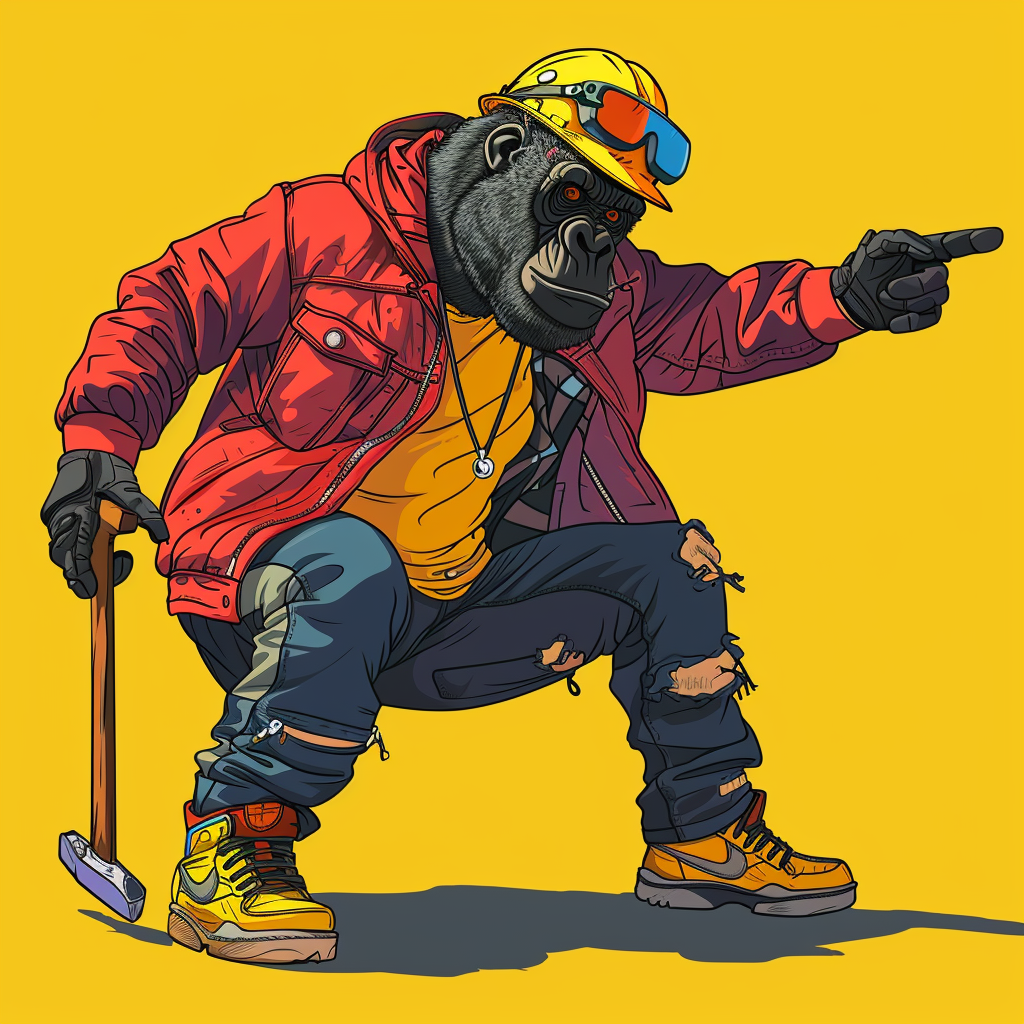 Cartoon gorilla construction worker pointing with hammer