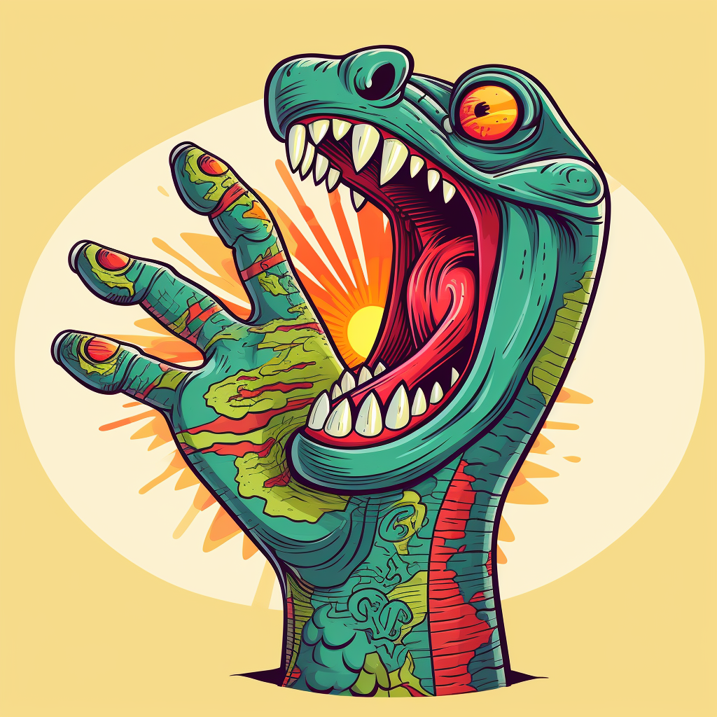 Cartoon hand giving a high five with snake-like tongue and teeth