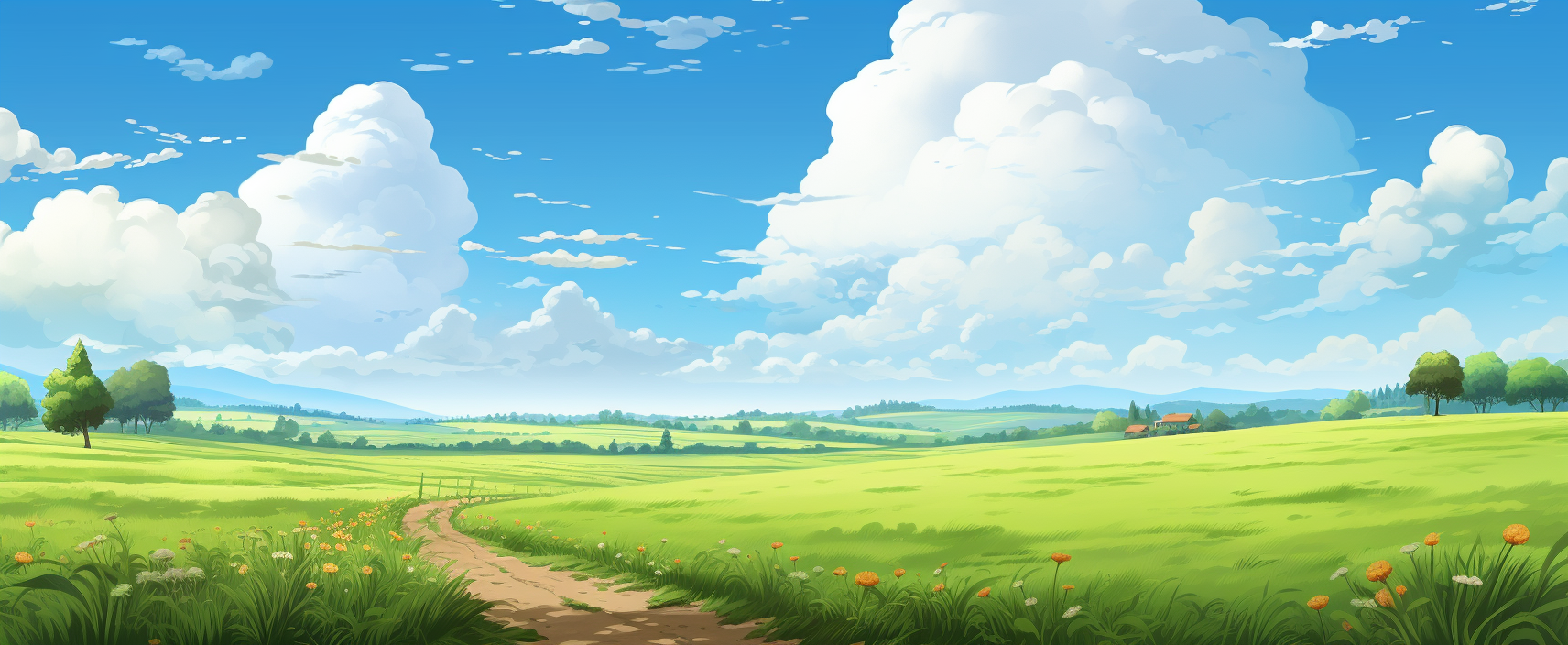 Beautiful Cartoon Meadow with Blue Sky