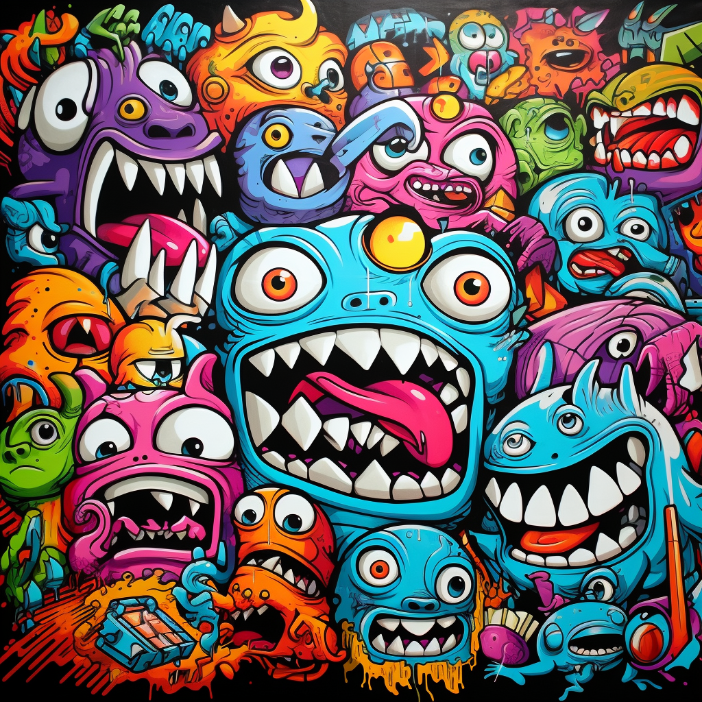 Colorful cartoon monster collage artwork