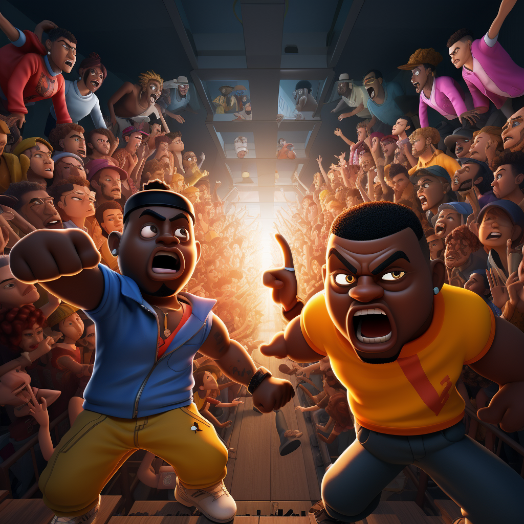 3D cartoon rappers fighting in front of audience