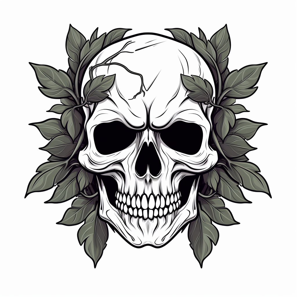 Black and white cartoon skull with laurel leaf