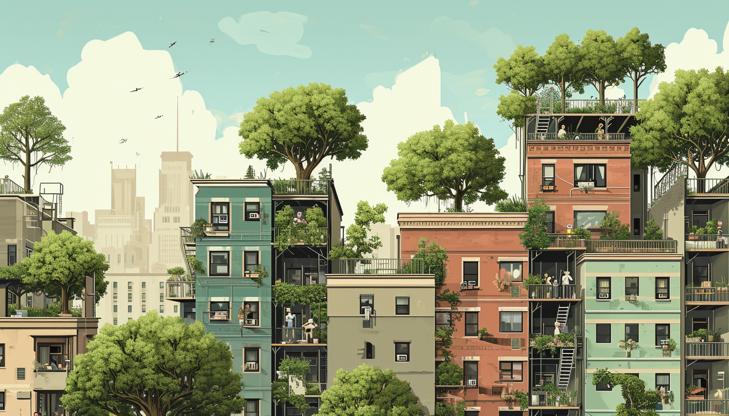 Cartoon trees people buildings realist