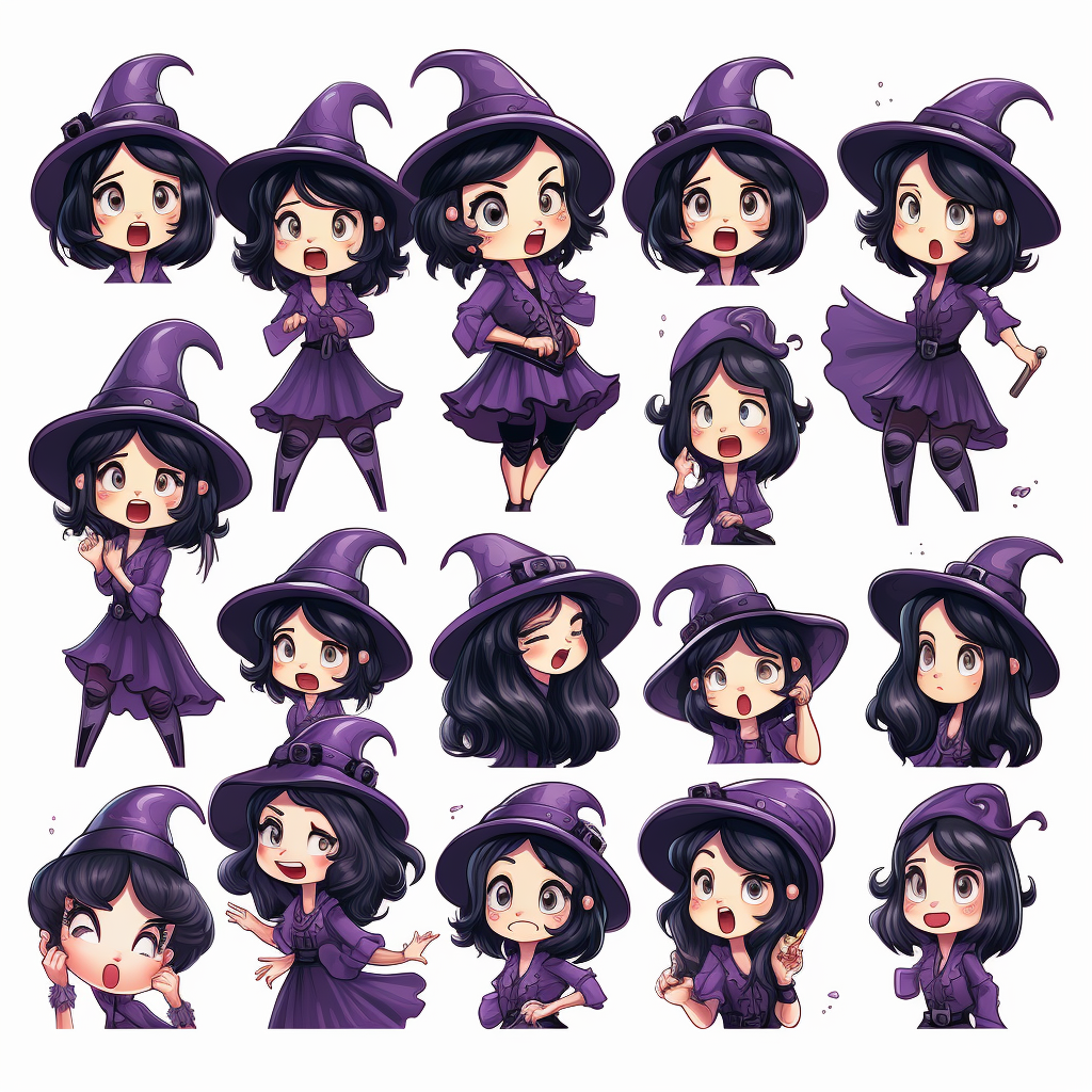 Cartoon witch with various expressions