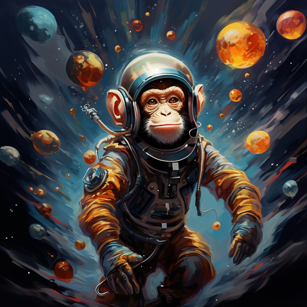 Cartoonish monkey floating in space among galaxies and planets