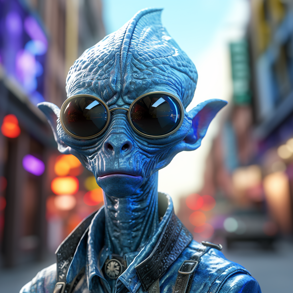 Cartoonish blue alien walking down city street