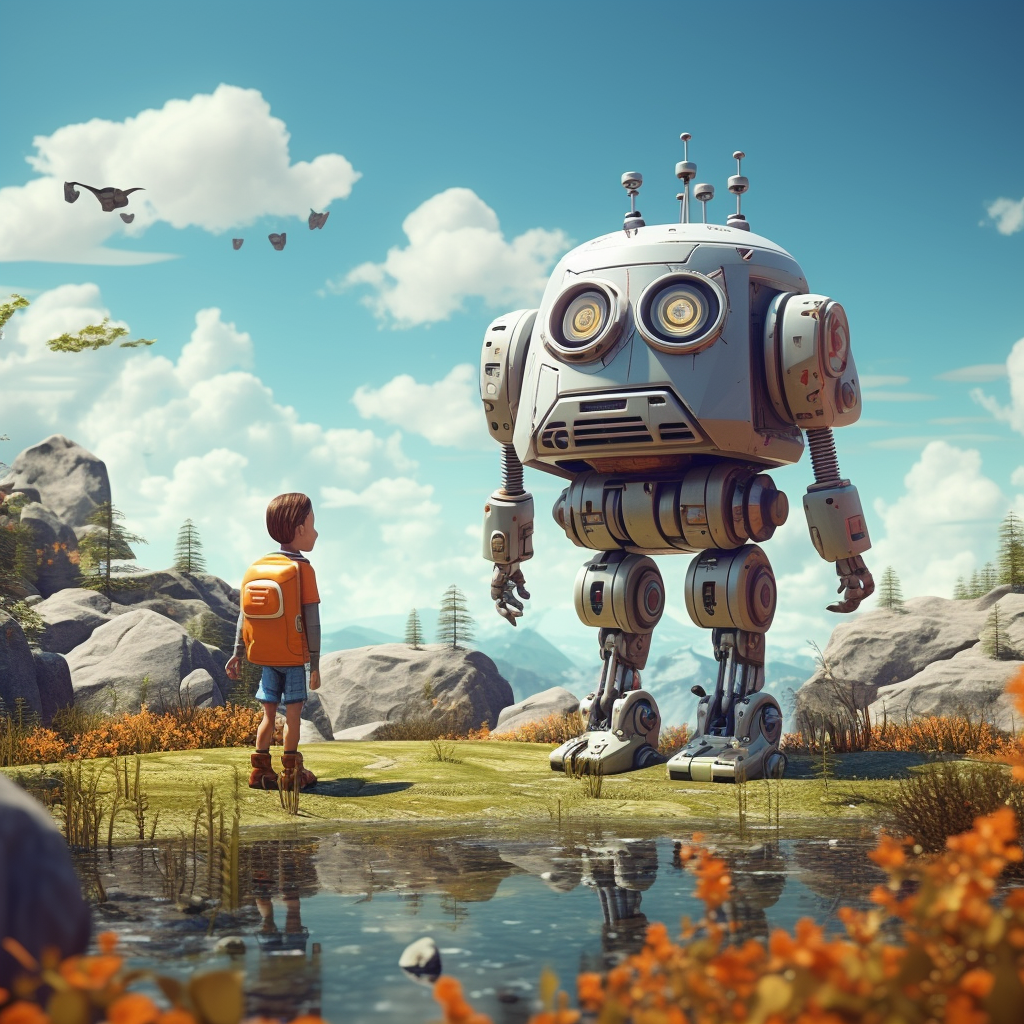 Cartoonish realistic robotics landscape image