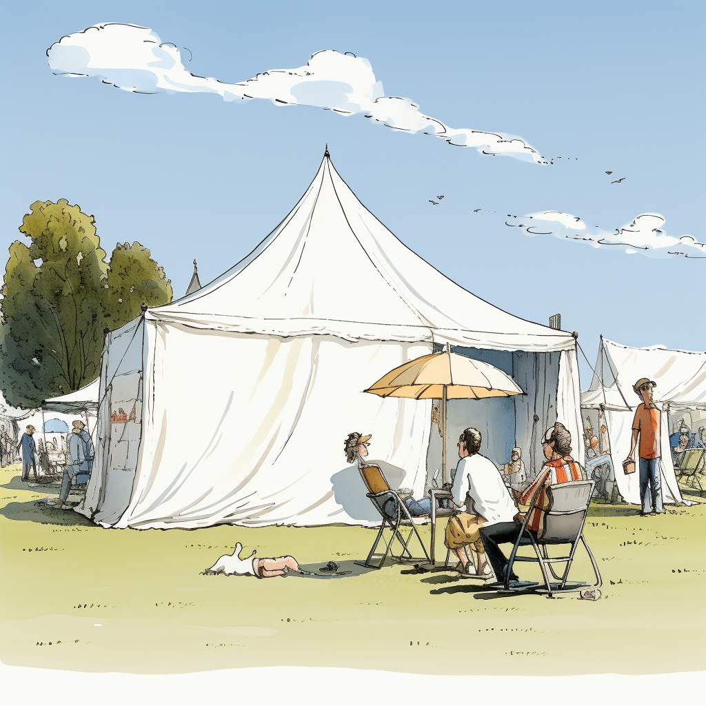 Cartoonist drawing person in open tent