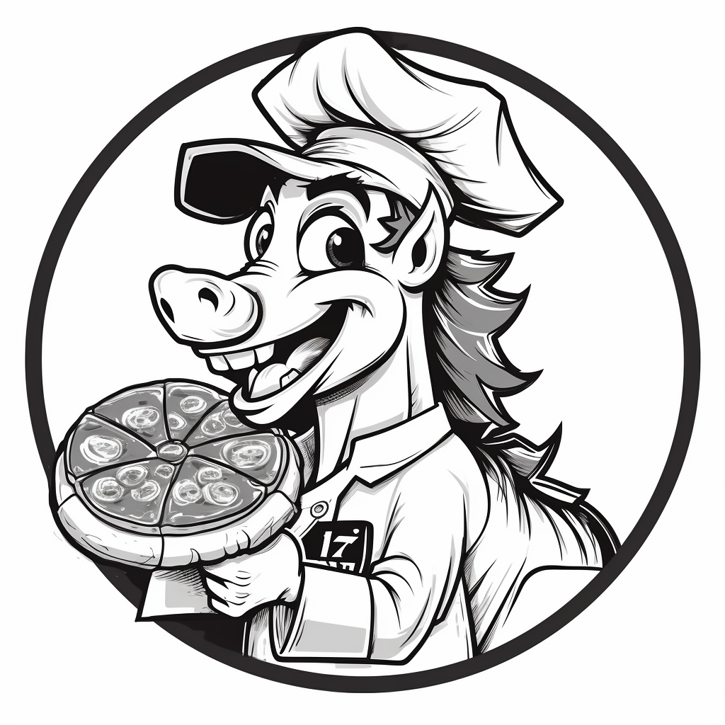 Cartoony horse wearing chef's hat holding a pizza