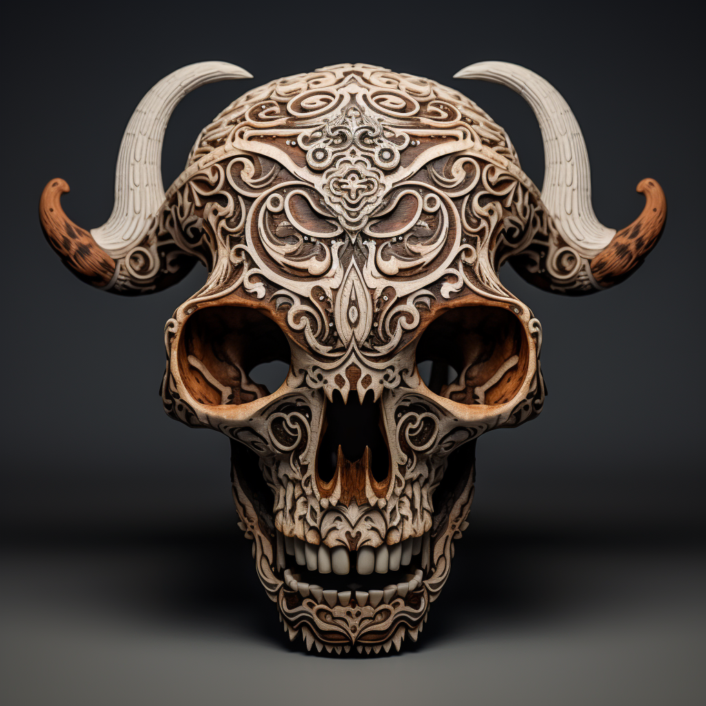 Carved bison skull with henna tattoo-like carvings