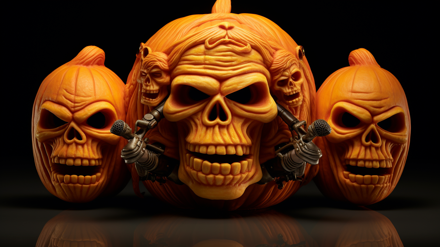 Carved pumpkin head with biker gang attire