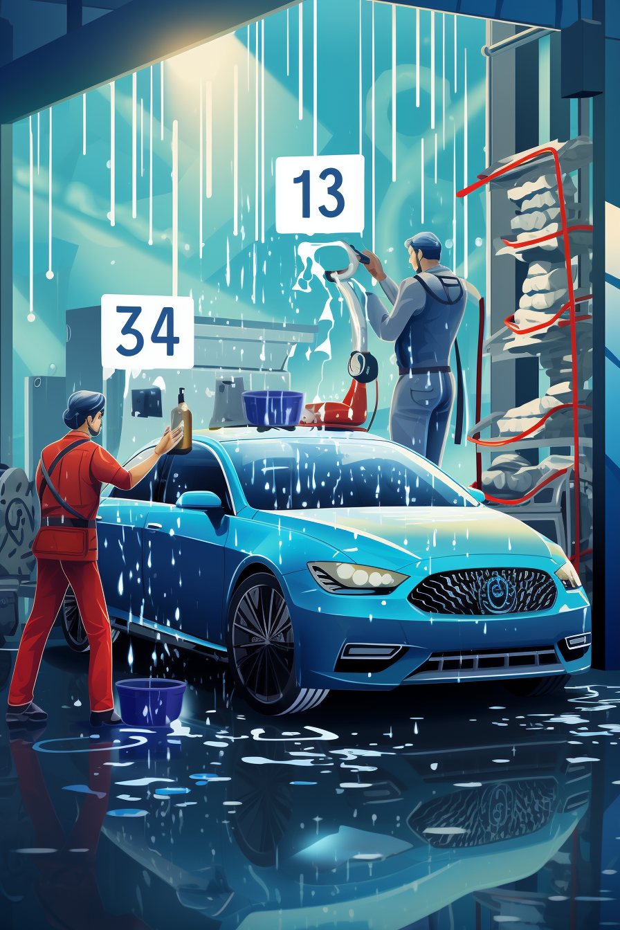 Two men cleaning a shiny car with TV showing up statistics