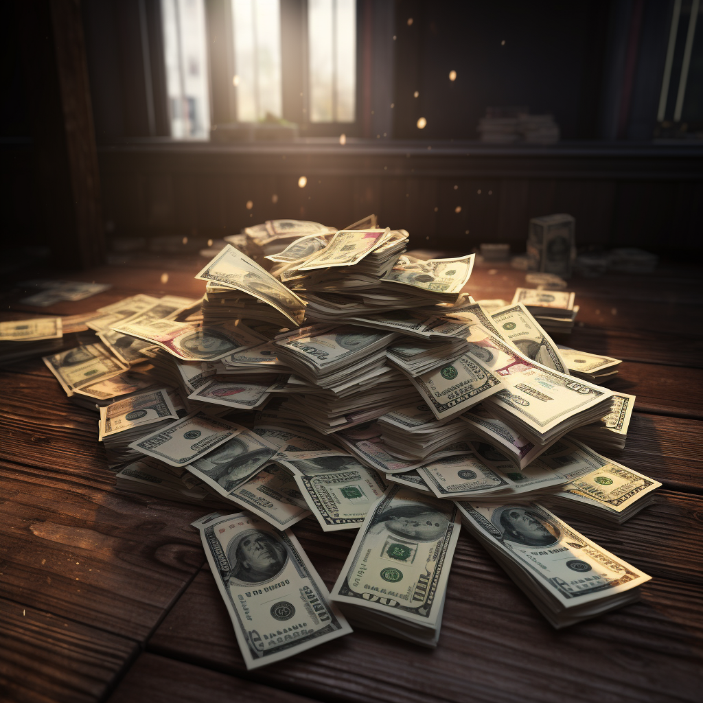 Photorealistic pile of cash on wooden table