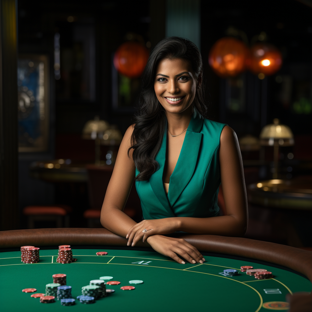 Smiling female casino dealer at a dark table