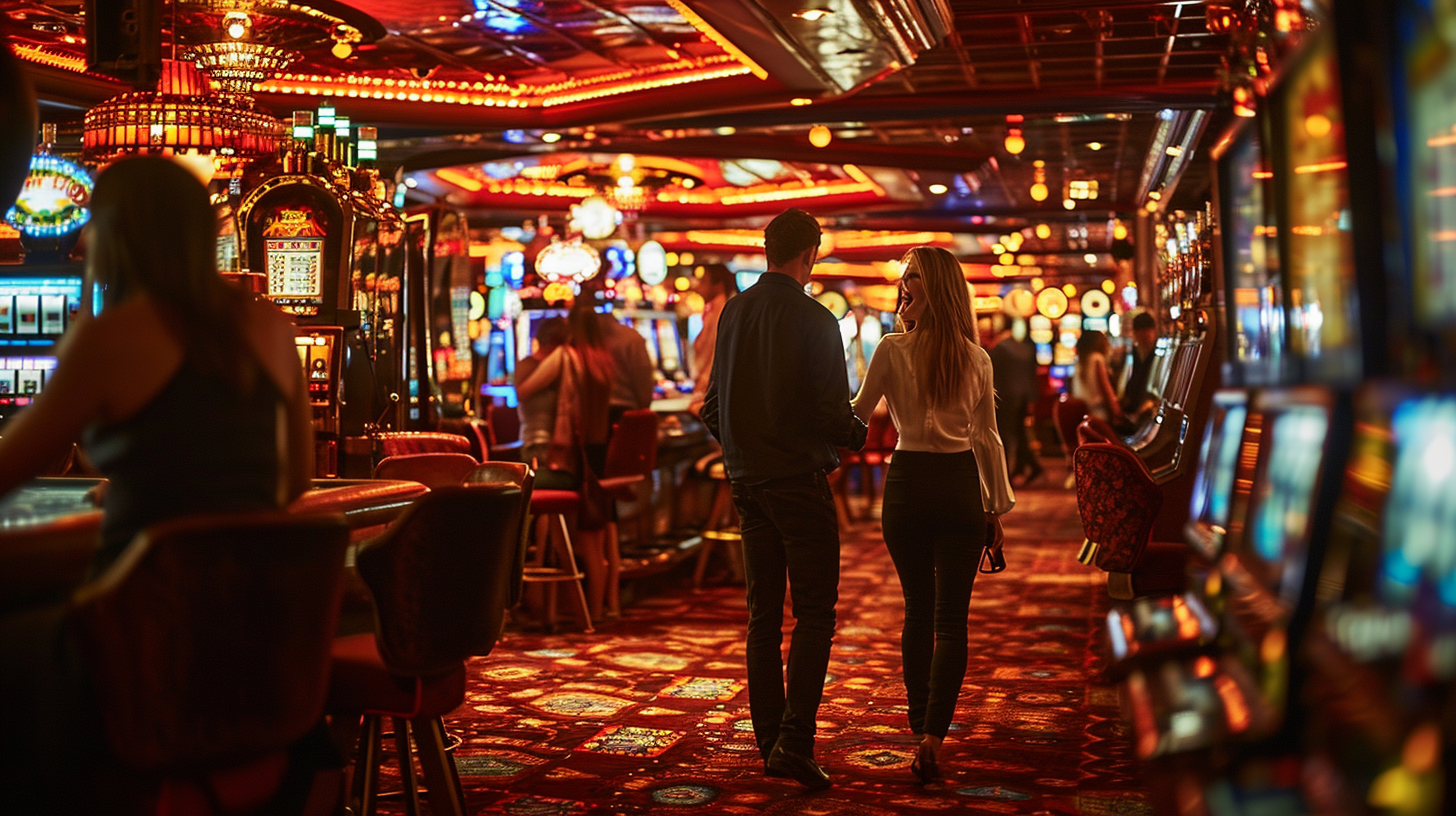 Couples celebrating jackpot at slot machines