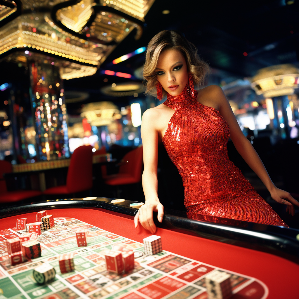 Model throwing dice at a casino party