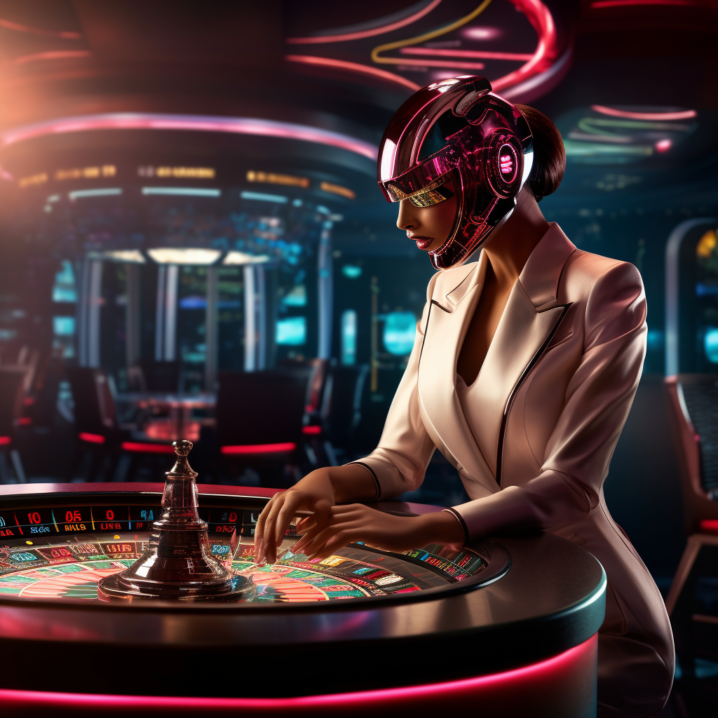 Female robot dealer managing casino roulette wheel