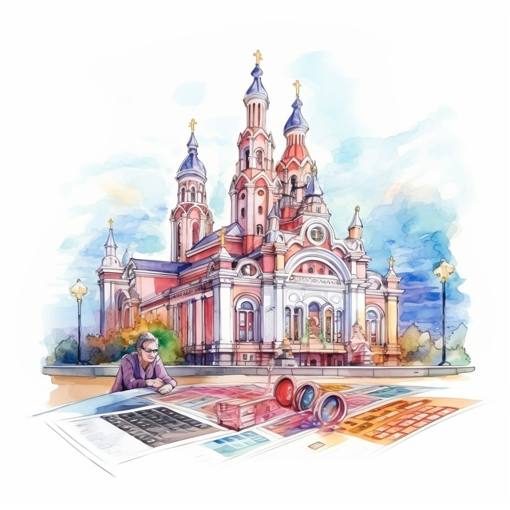 Colorful sketch of casino and church