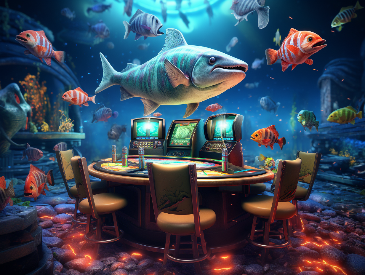 Colorful casino table fishing game with fishes and shotgun