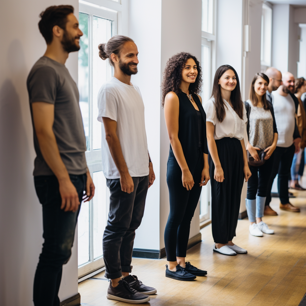 Smiling actors and actresses at casting audition