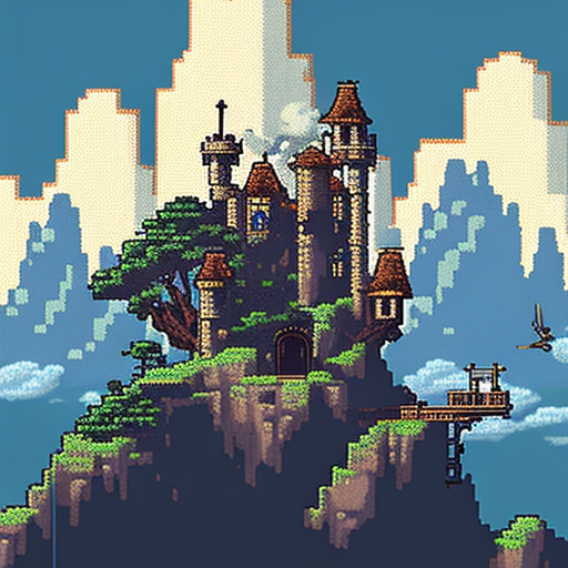 Castle on hill, owlboy pixel art