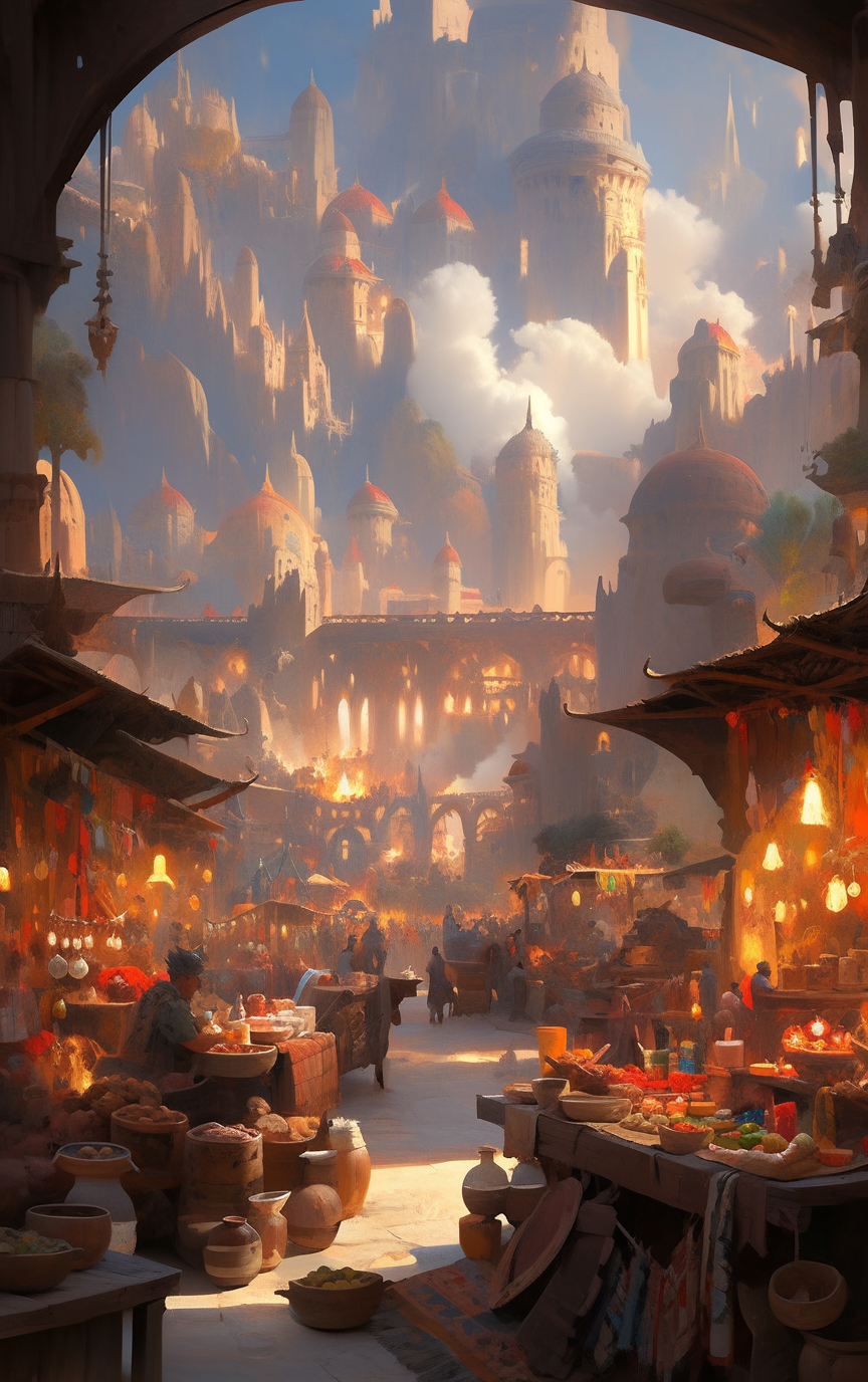 Detailed 3D oil painting of epic castle market